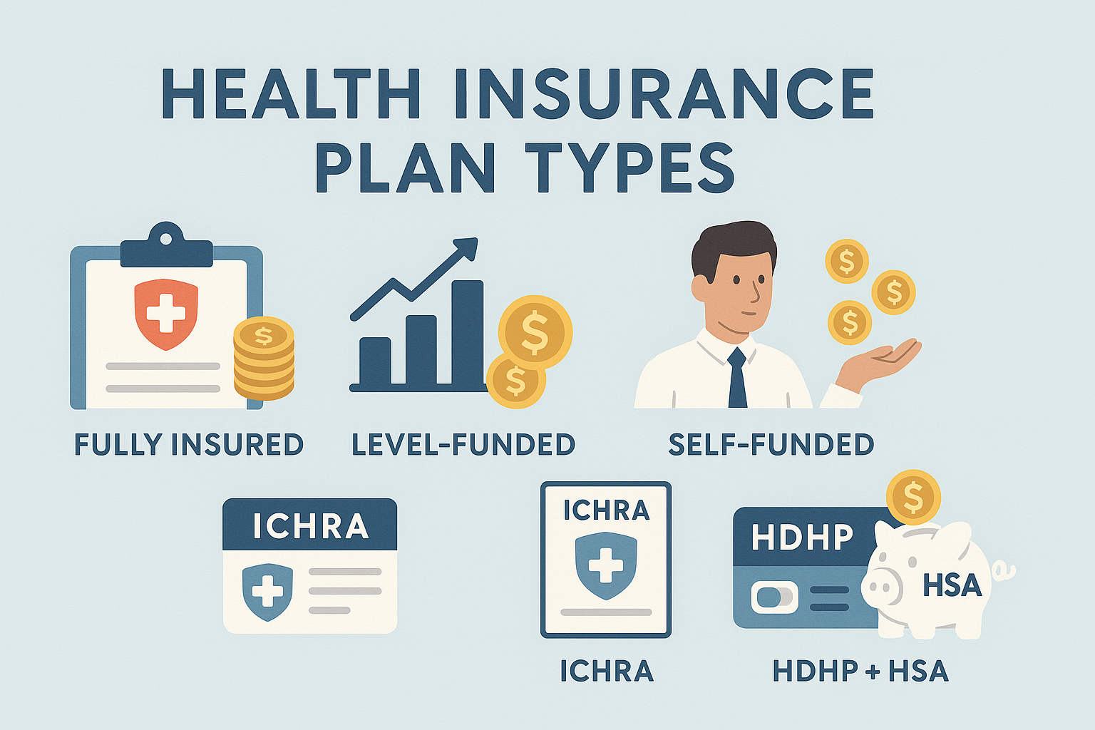 Diagram explaining various health insurance plan types and funding models like fully insured, level-funded, self-funded, ICHRA, and HDHP+HSA with icons representing each.