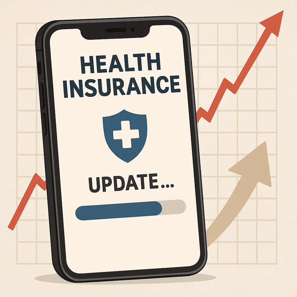 Illustration of rising health insurance costs with a smartphone showing a software update progress bar, symbolizing inevitable changes in group health insurance for 2025.