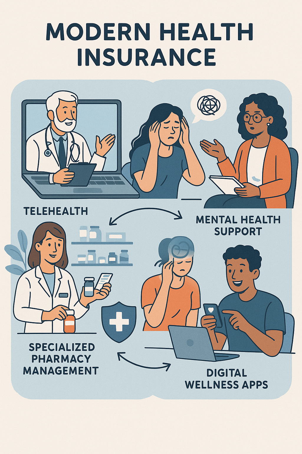 Scene showing employers and employees benefiting from modern health insurance features such as telehealth, mental health support, specialized pharmacy management, and digital wellness apps.